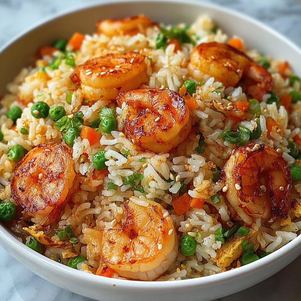 A bowl of shrimp and rice with peas and carrots.