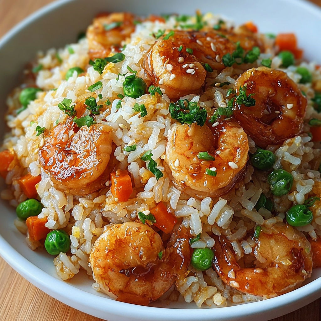 A bowl of shrimp and rice with peas and carrots.