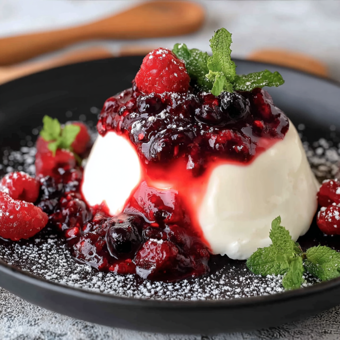 A delicious dessert made with berries and whipped cream, topped with a mint leaf.