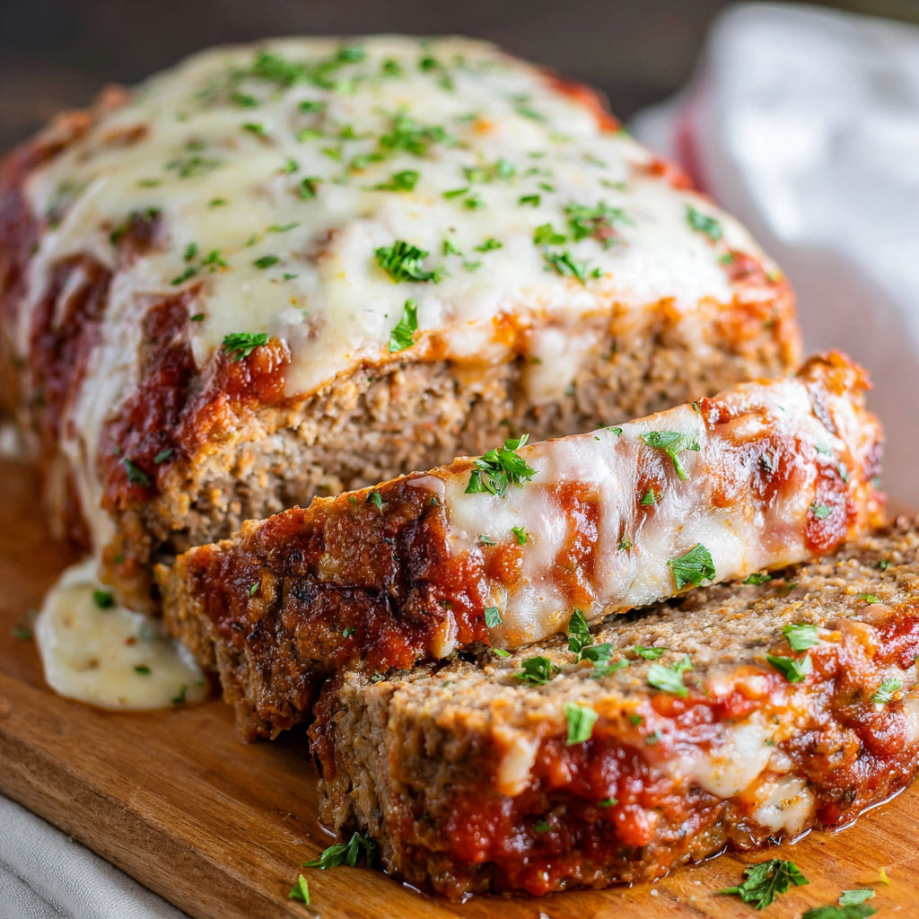 A slice of Italian Meatloaf on a wooden cutting board.
