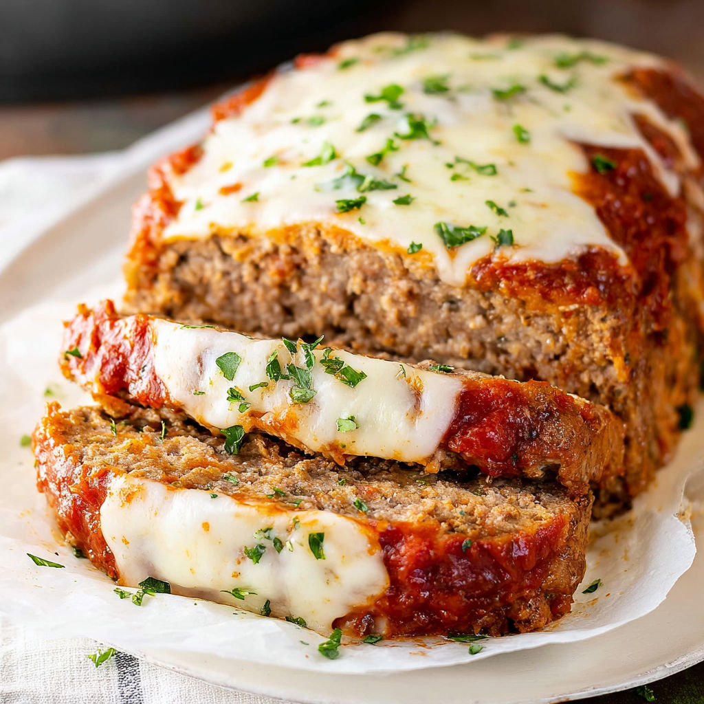 A slice of Italian Meatloaf with melted cheese on top.