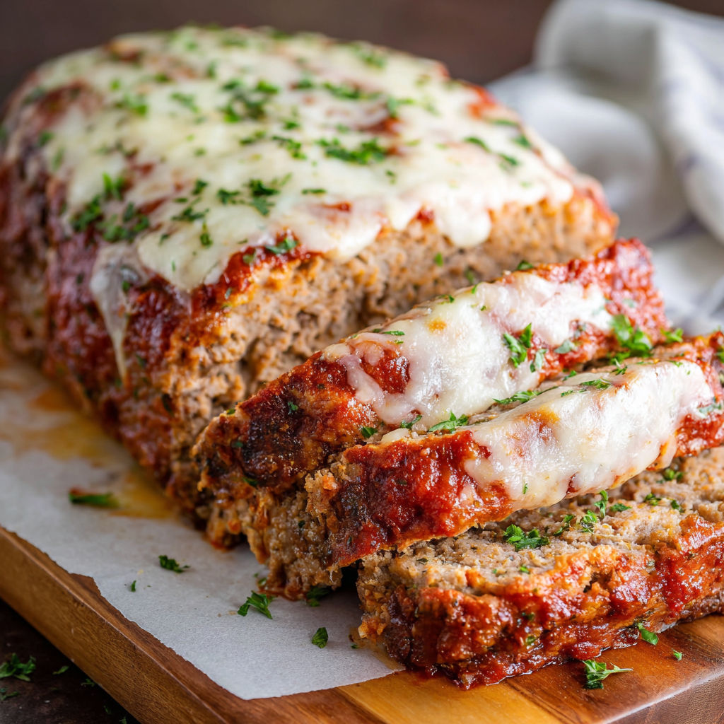 A delicious Italian Meatloaf is sliced and ready to be served.