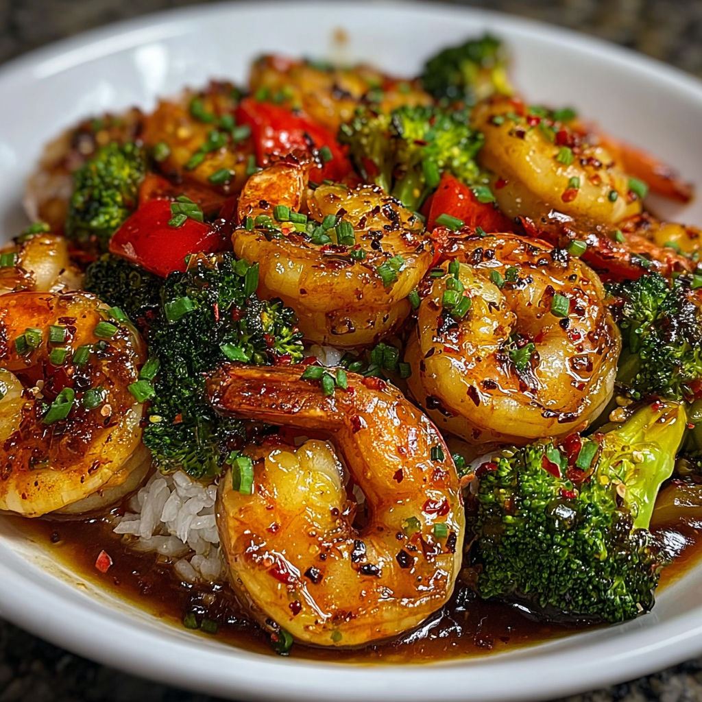 A white bowl filled with shrimp and broccoli, with a sauce on top.