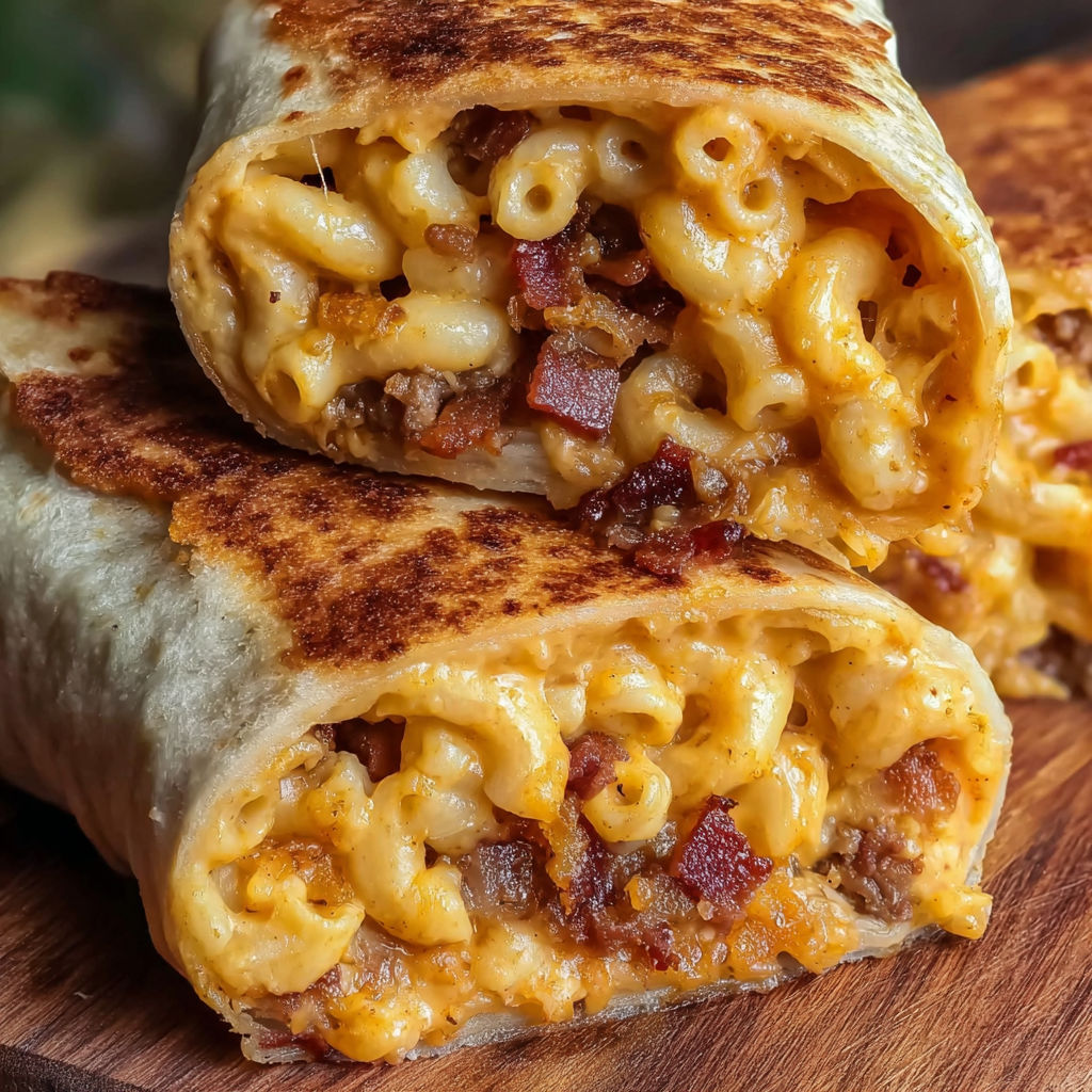 A delicious meal of macaroni and cheese with bacon wrapped in a tortilla.
