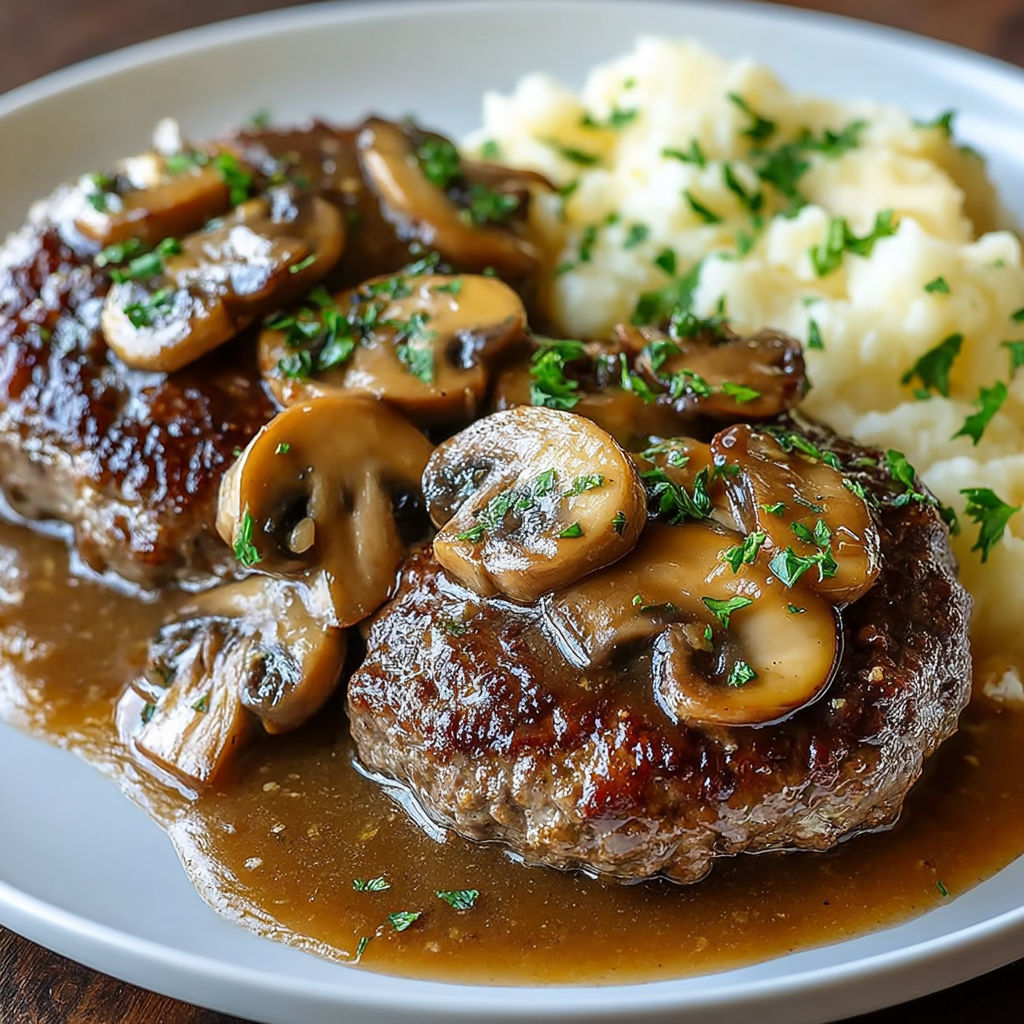 A plate of Hamburger Steak with Mushroom Gravy.