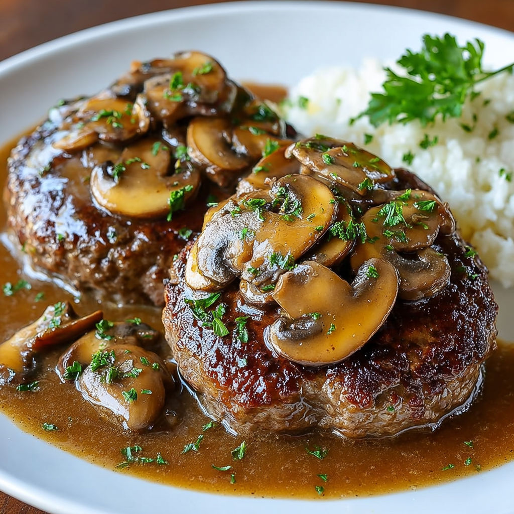 Hamburger steak with mushroom gravy served on a plate.