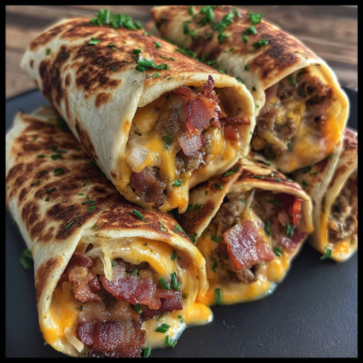 A plate of bacon and cheese wrapped burritos.