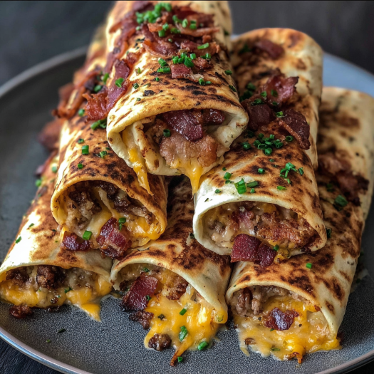 A plate of bacon wrapped burrittoes with cheese and bacon.