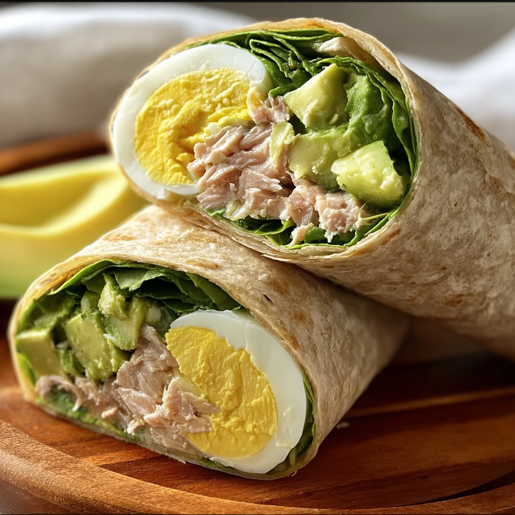 A Tuna Avocado Egg Wrap is displayed on a wooden cutting board.