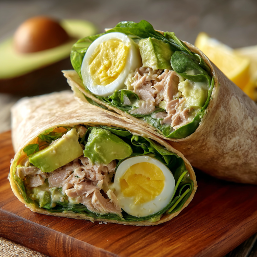 A sandwich with eggs, avocado, and lettuce is displayed on a wooden cutting board.