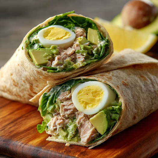 A delicious wrap filled with meat, eggs, and avocado, served on a wooden cutting board.