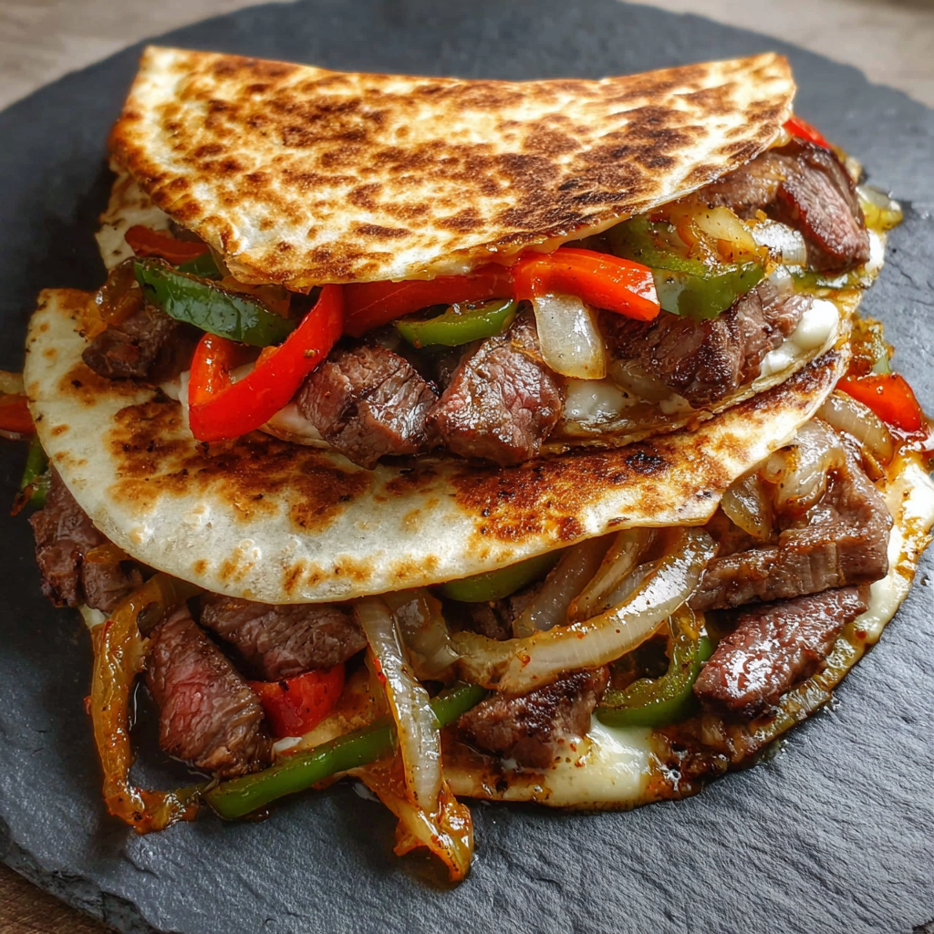 A delicious Pepper Steak Cheesy Quesadilla is stacked on a black plate.