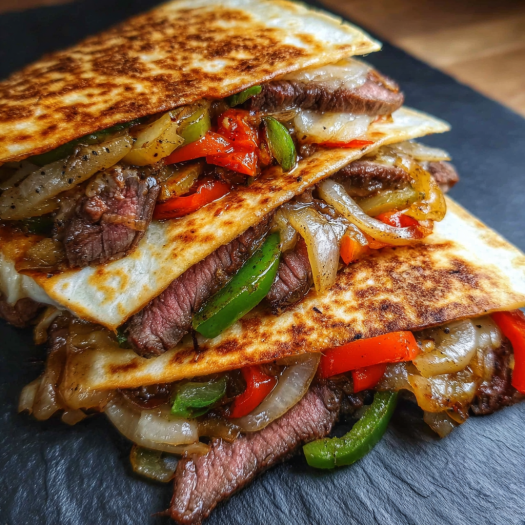 A delicious Pepper Steak Cheesy Quesadilla is stacked on a black cutting board.