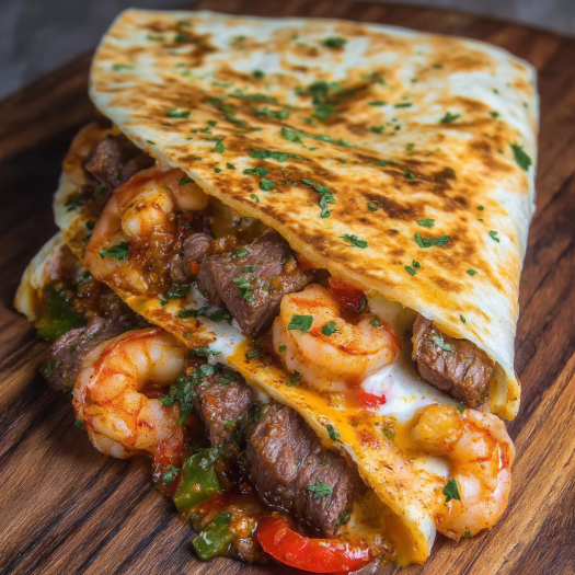 A delicious shrimp and beef burrito is served on a wooden platter.