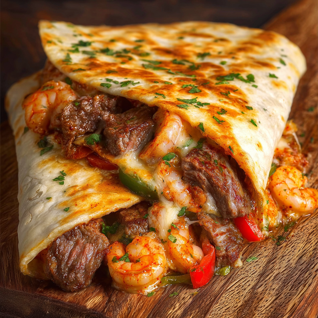 A delicious shrimp and beef burrito is served on a wooden platter.