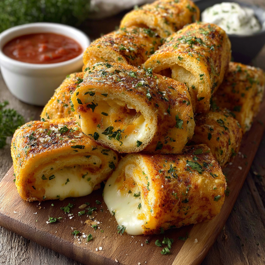 A wooden cutting board holds a delicious appetizer made from bread and cheese, with a side of marinara sauce.