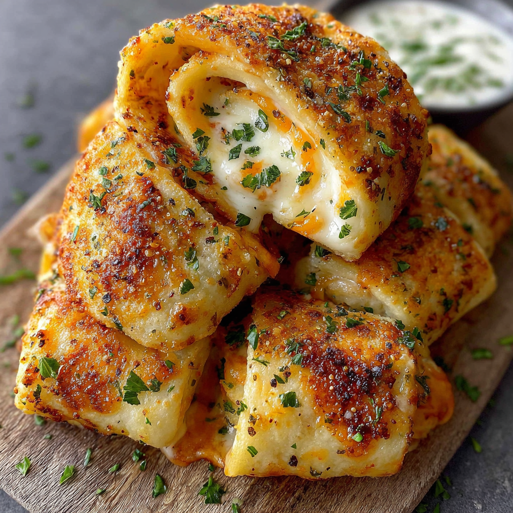A stack of cheese-filled pastries, also known as calzones, are served with a side of marinara sauce.