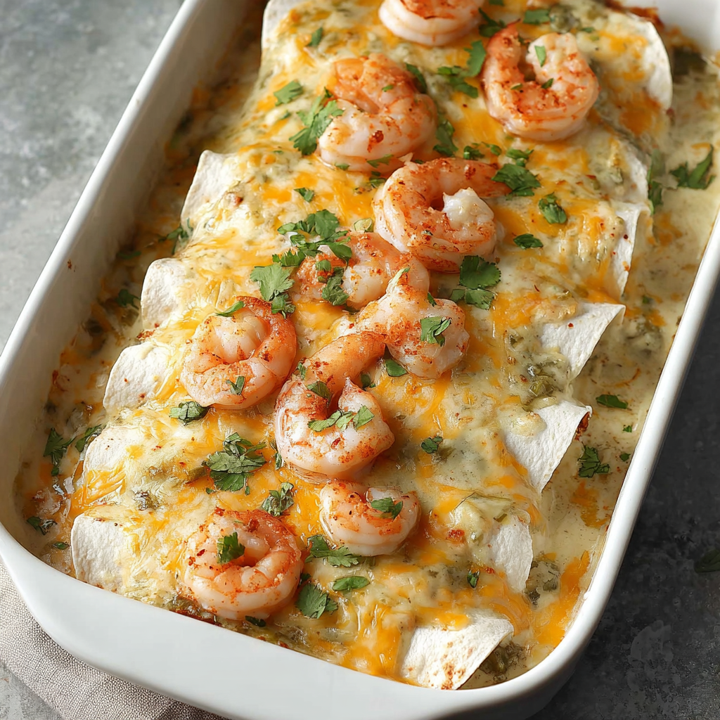 A white dish filled with shrimp and cheese, possibly a shrimp and cheese casserole, is displayed on a table.