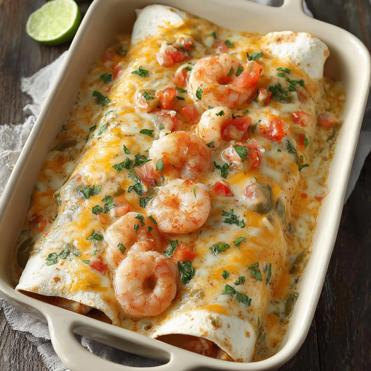 A delicious shrimp and cheese enchilada is served in a white bowl.