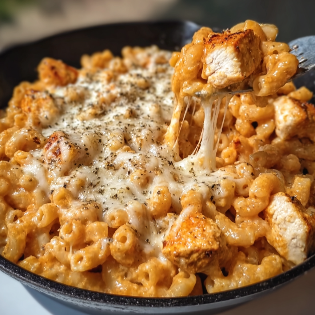 A close-up of a delicious One-Pot Chicken Parmesan Mac and Cheese dish.