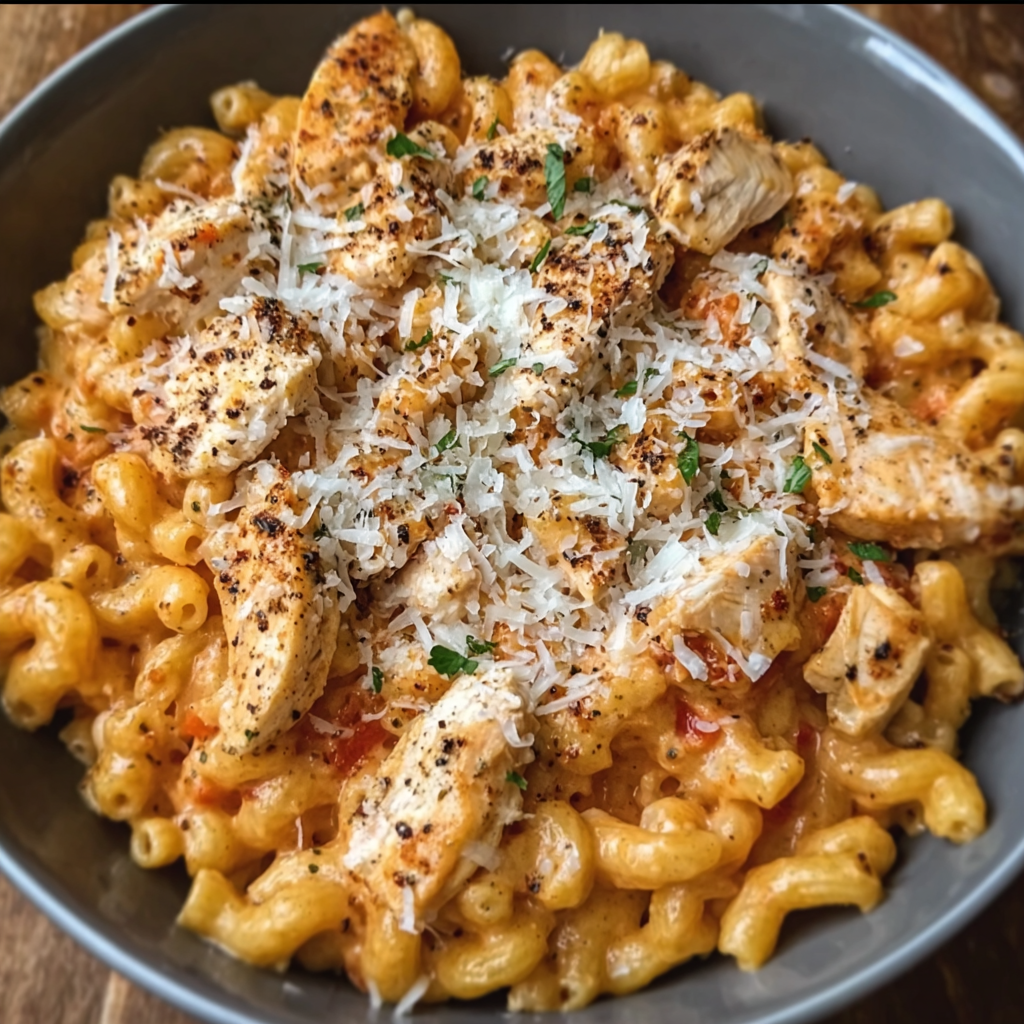 A bowl of One-Pot Chicken Parmesan Mac and Cheese, topped with chicken and cheese.