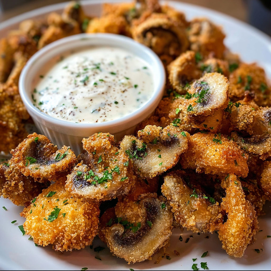 A plate of fried onion rings with a side of ranch dressing.