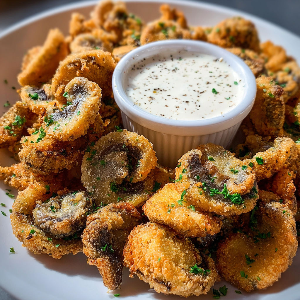 A plate of fried food, including onions and peppers, is served with a side of ranch dressing.
