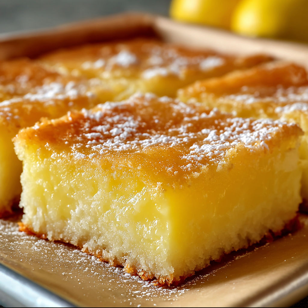 Two-Ingredient Lemon Bars with powdered sugar on top.