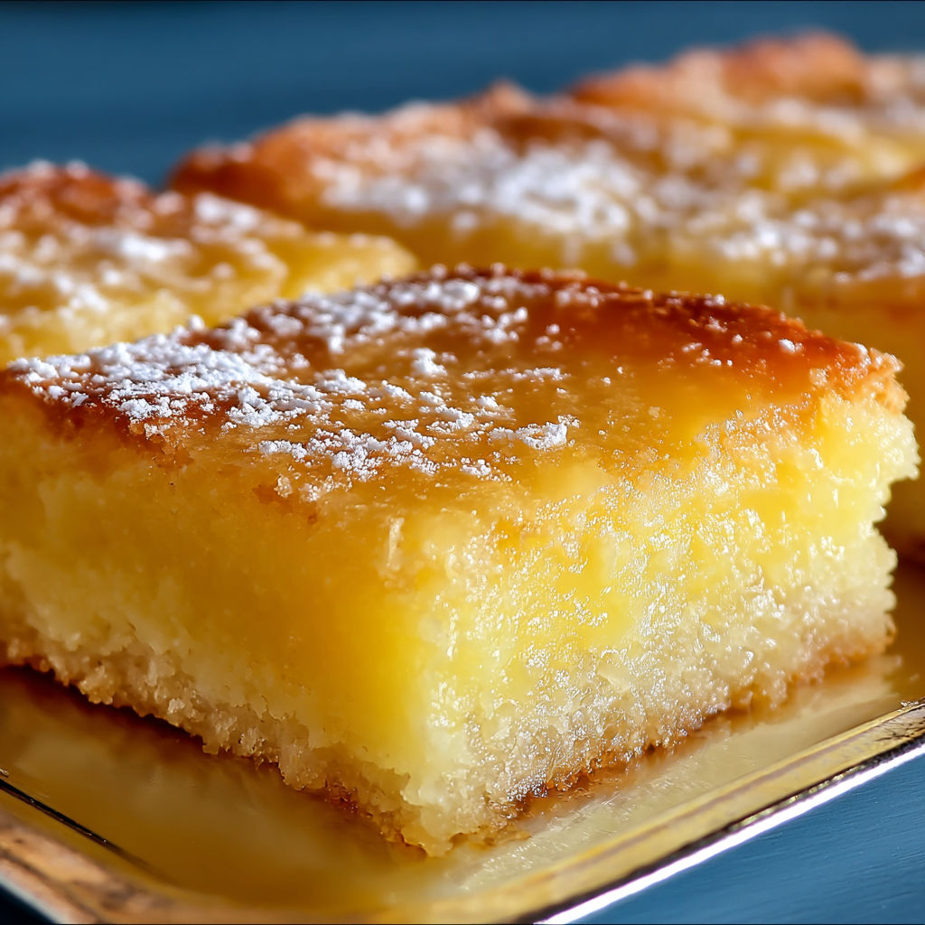 A close up of a dessert with a yellow filling, covered in powdered sugar.