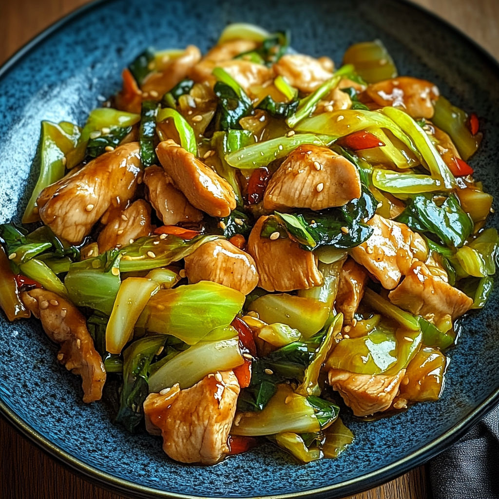A plate of Chinese Chicken Cabbage Stir-Fry, featuring a variety of vegetables and meat, is presented on a dining table.
