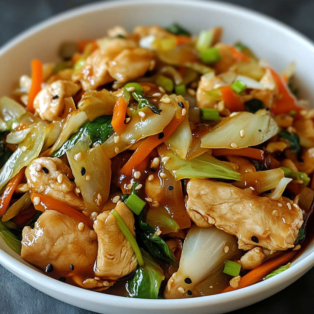 A white bowl filled with Chinese Chicken Cabbage Stir-Fry.