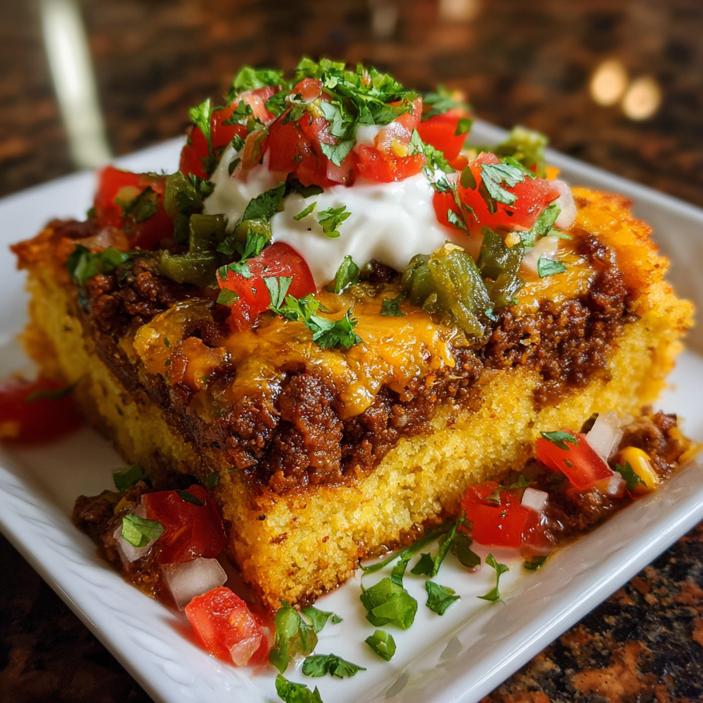 A delicious casserole dish with a variety of toppings, including tomatoes, onions, and cheese, is presented on a white plate.