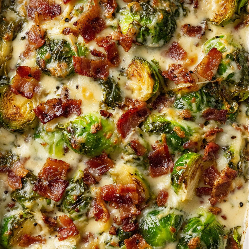 A close up of a delicious dish of creamy Brussels sprouts with bacon.