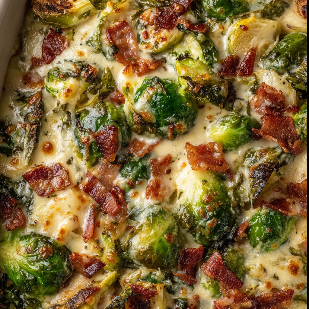 A dish of creamy Brussels sprouts with bacon, topped with cheese.