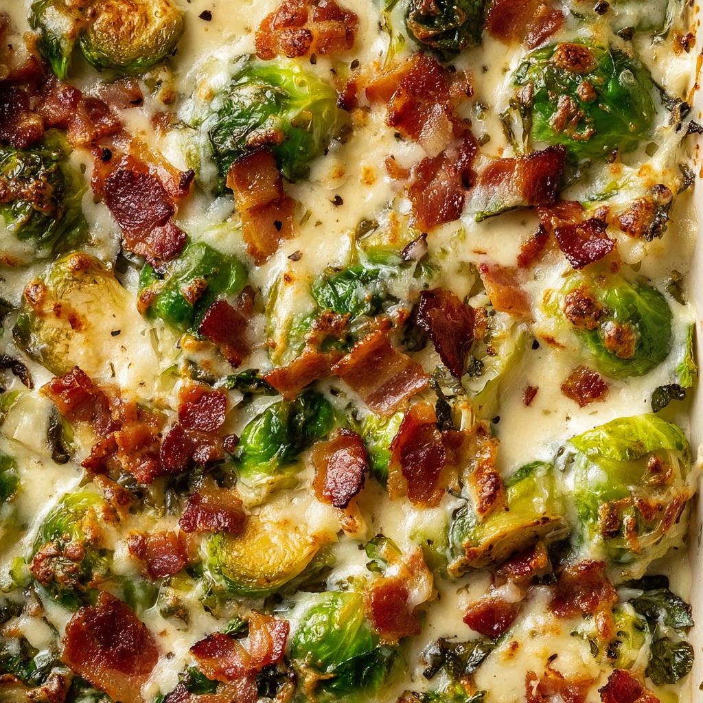 A close up of a delicious creamy Brussels sprouts with bacon dish.