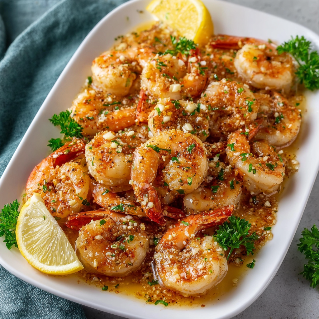 A white bowl filled with shrimp and lemon wedges, accompanied by a side of rice.