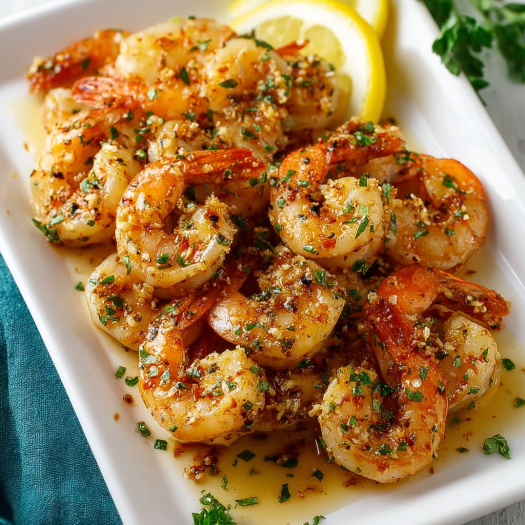 A plate of shrimp with a lemon wedge on top, served with a side of lemon juice.