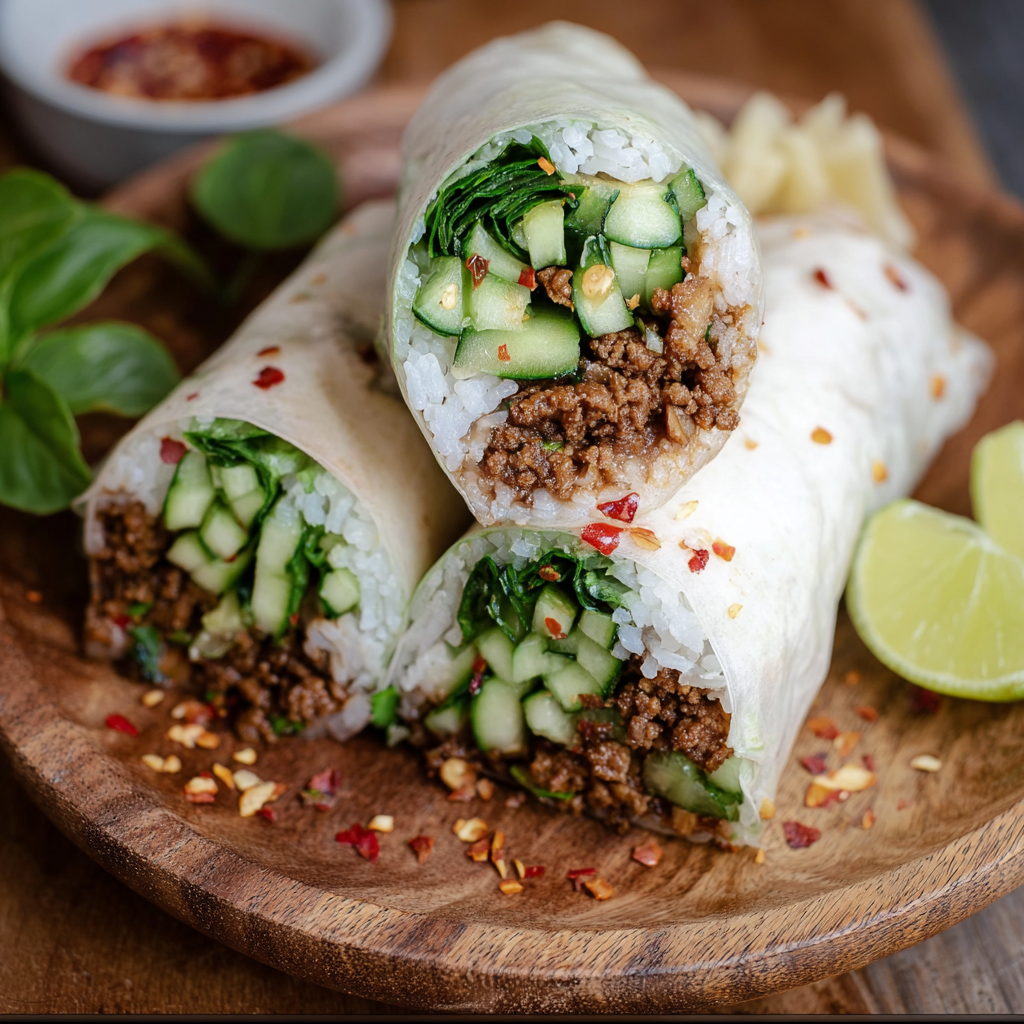 A plate of vegan Thai basil beef rolls with a bowl of sauce on the side.