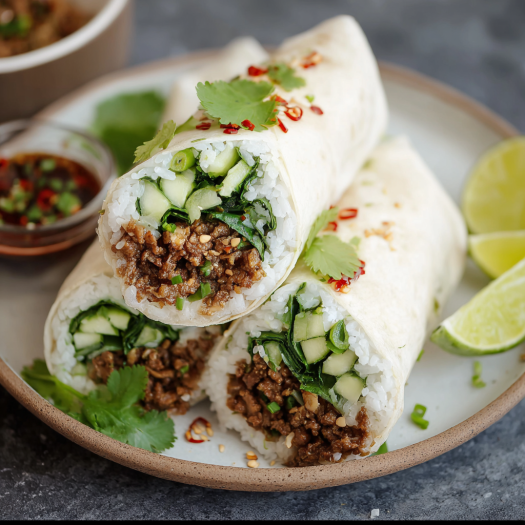 A plate of food with a wrap filled with meat and vegetables, including cucumbers and limes.