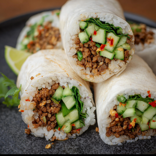 A plate of rice wraps filled with meat and vegetables, including cucumbers and red peppers.