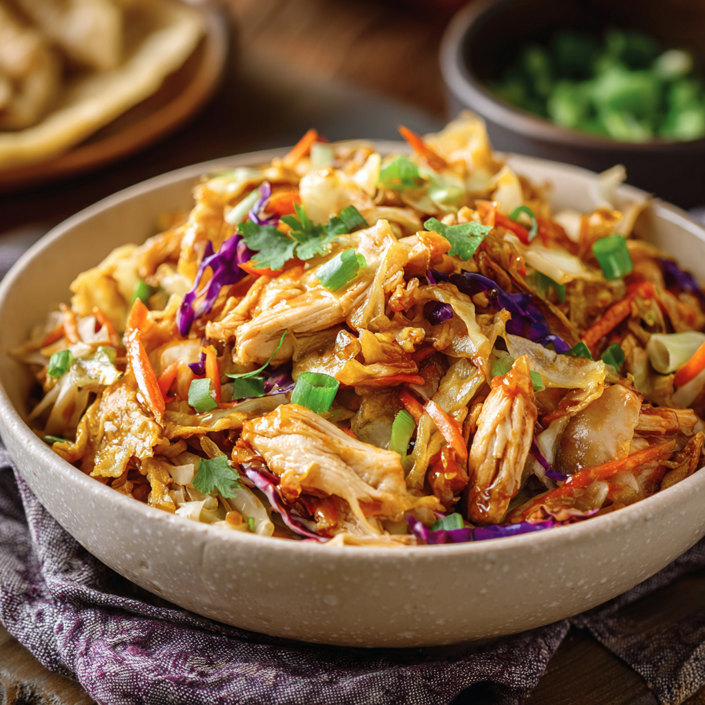 A bowl of Asian stir fry with chicken, carrots, and broccoli.