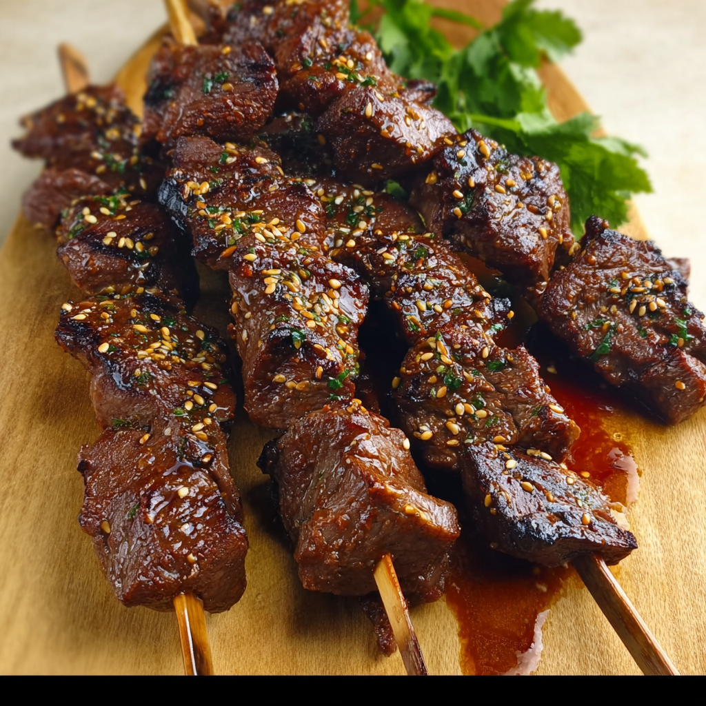 A delicious Teriyaki Sesame Beef Skewers recipe is displayed on a wooden platter, featuring marinated beef skewers with a savory sauce.