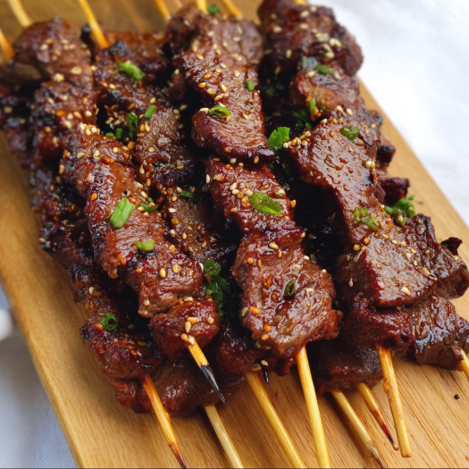 A wooden platter holds a delicious Teriyaki Sesame Beef Skewers recipe.