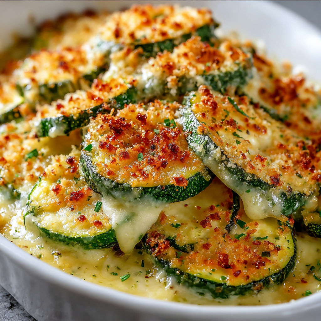 A dish of baked zucchini and cheese, with a close-up of the delicious food.