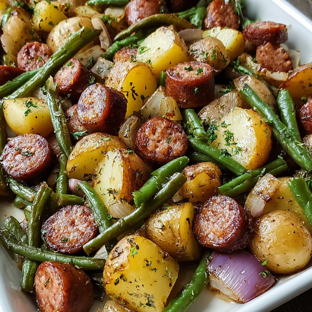 A plate of food with sausage, potatoes, green beans, and onions, all cooked together in a savory dish.