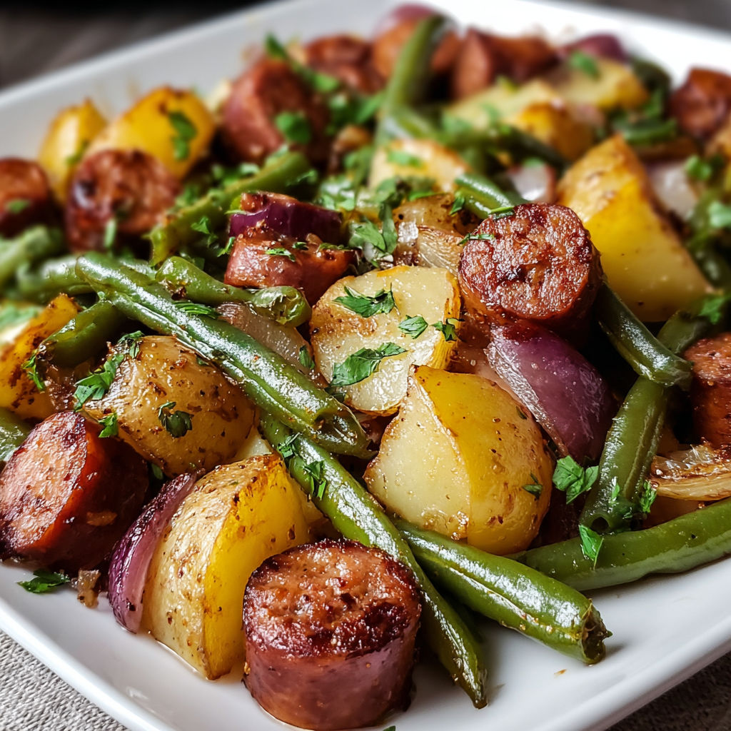 A white plate filled with a delicious sausage and potato dish.