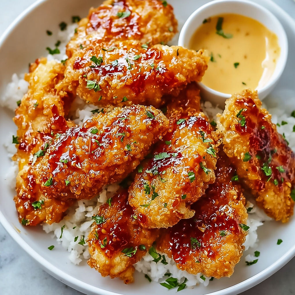 A plate of Crispy & Juicy Bang Bang Chicken with rice and a dipping sauce.
