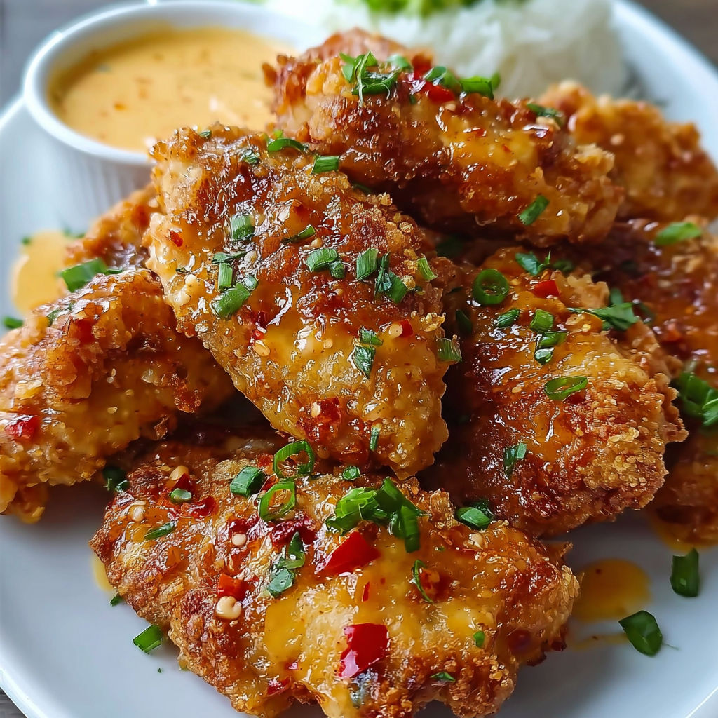 A plate of fried chicken with a dipping sauce.