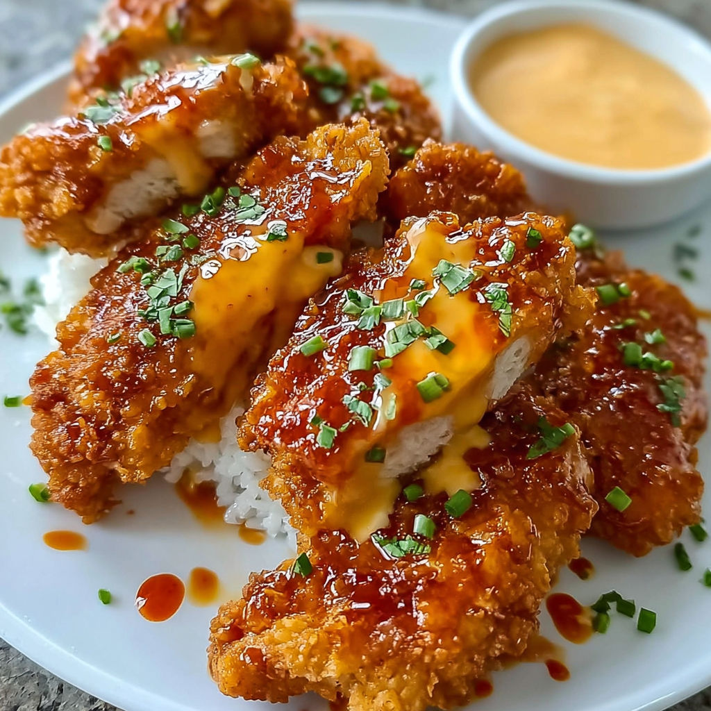 A plate of fried chicken with a dipping sauce on the side.