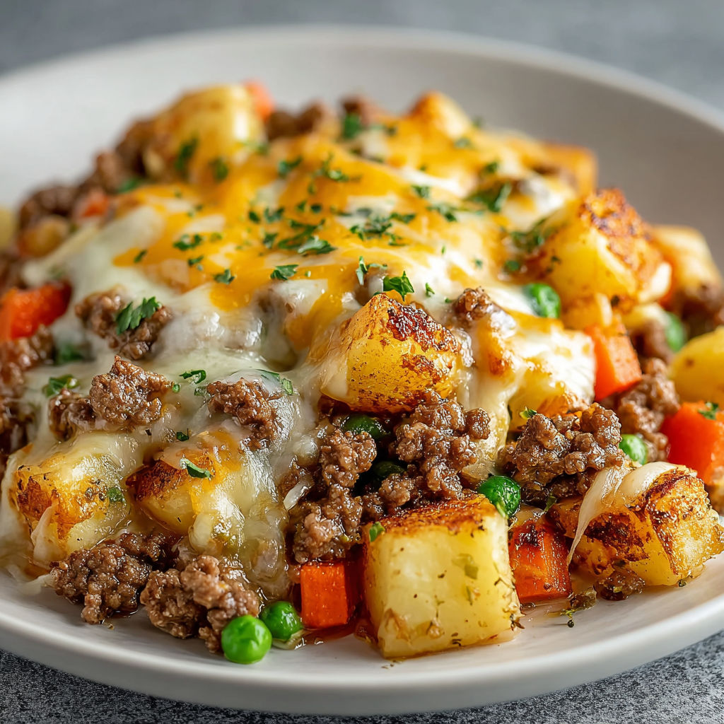A delicious homemade casserole with ground beef, vegetables, and cheese.